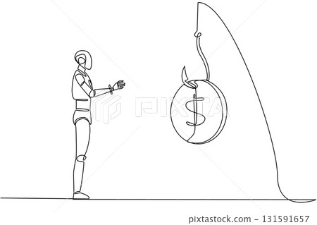 Continuous one line drawing robot chasing a hook with a dollar coin attached. System error. No danger detected. Trap. National Senior Fraud Awareness Day. Single line draw design vector illustration Continuous one line drawing robot chasing a hook with a dollar coin attached. System error. No danger detected. Trap. National Senior Fraud Awareness Day. Single line draw design vector illustration 131591657