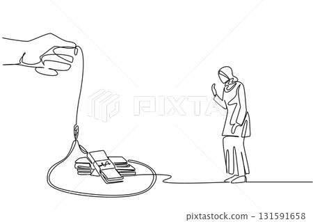 Single continuous line drawing arabian woman walking towards a rope trap containing several stacks of banknotes. Easy money with lots of risks. Trap. Money Bait. One line design vector illustration 131591658