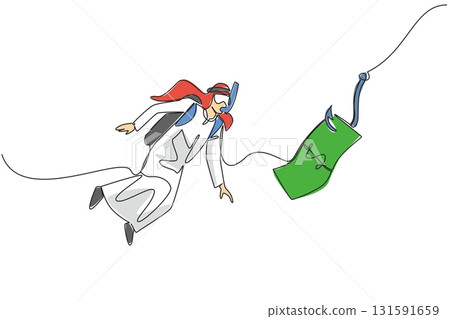 Continuous one line drawing arab man diving and chasing hook with dollar bills attached. Interested in an instant way. National Senior Fraud Awareness Day. Single line draw design vector illustration 131591659