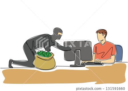 Single one line drawing a man typing and thief putting the hand into the monitor. Weak password are cracked by hacker. National Senior Fraud Awareness Day. Continuous line design graphic illustration 131591660