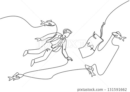 Single continuous line drawing businessman swims and reaches for banknotes attached to hook. Business traps that endanger business people. Detrimental. Money Bait. One line design vector illustration Single continuous line drawing businessman swims and reaches for banknotes attached to hook. Business traps that endanger business people. Detrimental. Money Bait. One line design vector illustration 131591662