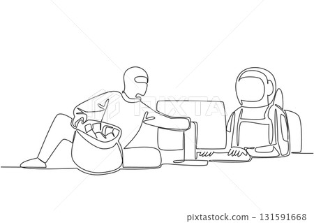 Continuous one line drawing astronaut typing and thief putting money into money bag. Hacking harms users. Bankrupt. National Senior Fraud Awareness Day. Single line draw design vector illustration 131591668