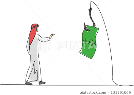 Single one line drawing arab man chasing a hook with dollar bills attached to it. Attractive investment offer. Illegal. National Senior Fraud Awareness Day. Continuous line design graphic illustration Single one line drawing arab man chasing a hook with dollar bills attached to it. Attractive investment offer. Illegal. National Senior Fraud Awareness Day. Continuous line design graphic illustration 131591669