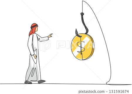 Single continuous line drawing an arab man chases a hook with a dollar coin attached. Small change trap. Troubled investment. National Senior Fraud Awareness Day. One line design vector illustration Single continuous line drawing an arab man chases a hook with a dollar coin attached. Small change trap. Troubled investment. National Senior Fraud Awareness Day. One line design vector illustration 131591674