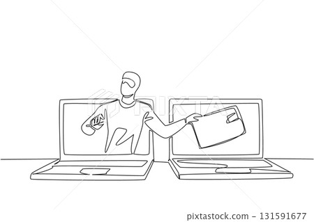 Single continuous line drawing a masked thief taking a credit card from another laptop screen. The system is easy to hack. National Senior Fraud Awareness Day. One line design vector illustration 131591677