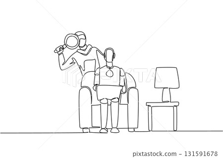 Single continuous line drawing robot sits on sofa holding laptop and masked thief uses a magnifier. Observe before breaking in. National Senior Fraud Awareness Day. One line design vector illustration Single continuous line drawing robot sits on sofa holding laptop and masked thief uses a magnifier. Observe before breaking in. National Senior Fraud Awareness Day. One line design vector illustration 131591678