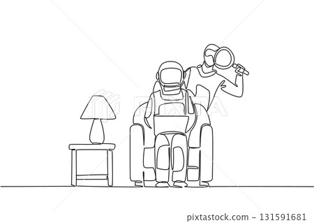 Continuous one line drawing astronaut sits on sofa holding laptop and thief uses a magnifier. The burglary incident. National Senior Fraud Awareness Day. Single line draw design vector illustration Continuous one line drawing astronaut sits on sofa holding laptop and thief uses a magnifier. The burglary incident. National Senior Fraud Awareness Day. Single line draw design vector illustration 131591681