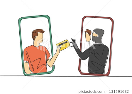 Continuous one line drawing a man is out of his smartphone handing his credit card to a thief. Manipulation for profit. National Senior Fraud Awareness Day. Single line draw design vector illustration Continuous one line drawing a man is out of his smartphone handing his credit card to a thief. Manipulation for profit. National Senior Fraud Awareness Day. Single line draw design vector illustration 131591682