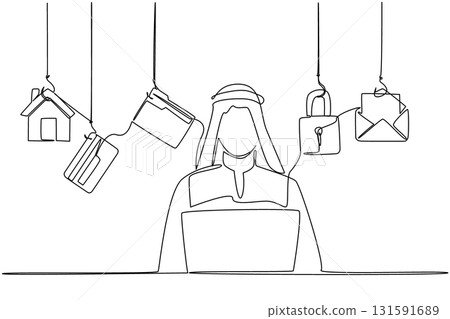 Continuous one line drawing an arab woman typing on a laptop and 5 important icons. Setting a different password. Safe. National Senior Fraud Awareness Day. Single line draw design vector illustration Continuous one line drawing an arab woman typing on a laptop and 5 important icons. Setting a different password. Safe. National Senior Fraud Awareness Day. Single line draw design vector illustration 131591689