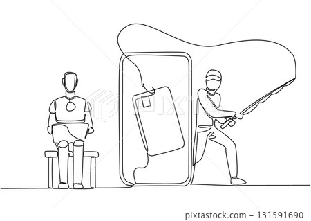 Single continuous line drawing robot sits on laptop and thief fishes large credit card. Penetrating smartest security systems. National Senior Fraud Awareness Day. One line design vector illustration 131591690
