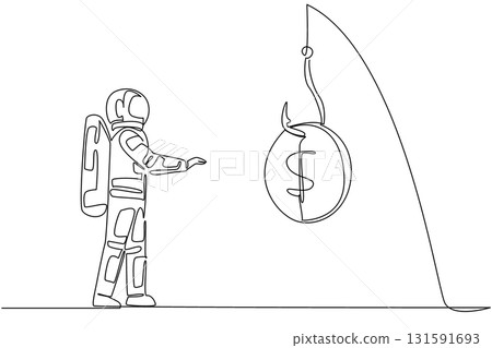 Single continuous line drawing astronaut chasing a hook with a dollar coin attached. Interested in instant profits. Deception. National Senior Fraud Awareness Day. One line design vector illustration Single continuous line drawing astronaut chasing a hook with a dollar coin attached. Interested in instant profits. Deception. National Senior Fraud Awareness Day. One line design vector illustration 131591693