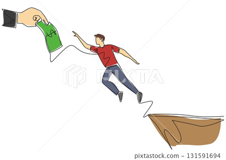 Continuous one line drawing man jumps off a cliff trying to reach a big hand holding dollar bill. Losing investment. National Senior Fraud Awareness Day. Single line draw design vector illustration 131591694