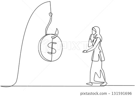 Continuous one line drawing an arab woman chases a hook with a dollar coin attached. Lured by fraudulent investments. National Senior Fraud Awareness Day. Single line draw design vector illustration Continuous one line drawing an arab woman chases a hook with a dollar coin attached. Lured by fraudulent investments. National Senior Fraud Awareness Day. Single line draw design vector illustration 131591696