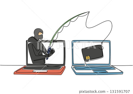 Single continuous line drawing a masked thief fishing for credit cards on a laptop screen. Hackers commit crimes. Data theft. National Senior Fraud Awareness Day. One line design vector illustration 131591707