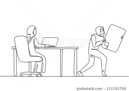 Continuous one line drawing an arab woman types on a laptop and the thief takes a large credit card. Hacking password. National Senior Fraud Awareness Day. Single line draw design vector illustration 131591708