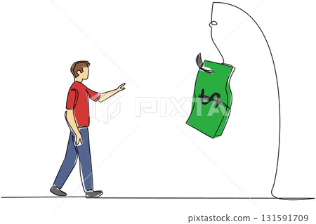 Single one line drawing a man is chasing a hook with a dollar bill attached to it. Lured into fake investments. Trap. National Senior Fraud Awareness Day. Continuous line design graphic illustration 131591709