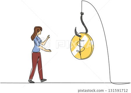 Continuous one line drawing a woman chasing a hook with a dollar coin attached to it. Stuck in a trap. Fake investment. National Senior Fraud Awareness Day. Single line draw design vector illustration 131591712