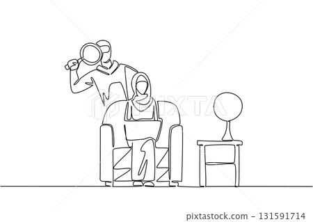 Continuous one line drawing arab woman holds laptop and the thief uses a magnifier. Inserting fake links for phishing. National Senior Fraud Awareness Day. Single line draw design vector illustration 131591714