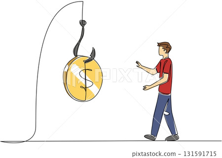 Single continuous line drawing a man chasing hook with coins attached to it. Fooled by fake investment lures. Too greedy. Loss. National Senior Fraud Awareness Day. One line design vector illustration 131591715