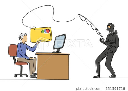 Single one line drawing a grandpa typing on a laptop and a thief fishing for a large credit card. Criminal act. Hack. National Senior Fraud Awareness Day. Continuous line design graphic illustration 131591716
