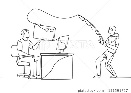 Single one line drawing man typing on laptop and thief fishing for large credit card. Indifference to data security. National Senior Fraud Awareness Day. Continuous line design graphic illustration Single one line drawing man typing on laptop and thief fishing for large credit card. Indifference to data security. National Senior Fraud Awareness Day. Continuous line design graphic illustration 131591727