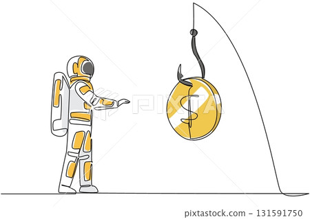 Single continuous line drawing astronaut chasing a hook with a dollar coin attached. Interested in instant profits. Deception. National Senior Fraud Awareness Day. One line design vector illustration 131591750