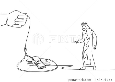 Single one line drawing arabian man walking towards a rope trap containing several stacks of banknotes. Wanting profit but instead getting loss. Money Bait. Continuous line design graphic illustration 131591753