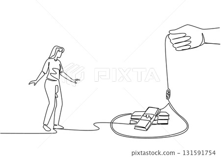 Continuous one line drawing young beautiful woman walking towards a rope trap containing several stacks of banknotes. The trap of abundance. Money Bait. Single line draw design vector illustration 131591754