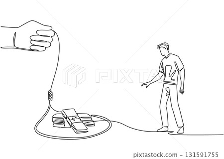 Single continuous line drawing man in casual clothes walking towards a rope trap containing several stacks of banknotes. Debt to meet the lifestyle. Money Bait. One line design vector illustration Single continuous line drawing man in casual clothes walking towards a rope trap containing several stacks of banknotes. Debt to meet the lifestyle. Money Bait. One line design vector illustration 131591755