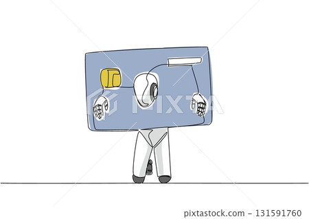 Continuous one line drawing a robot trapped head and both hands in large credit card. Artificial intelligence experiment fails miserably. Debt. Money Bait. Single line draw design vector illustration 131591760