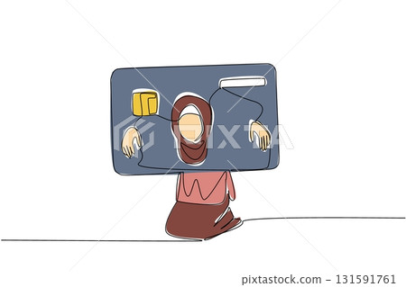 Single continuous line drawing an arab woman trapped her head and both hands in a large credit card. Following the wrong lifestyle. Not fond of saving. Money Bait. One line design vector illustration 131591761