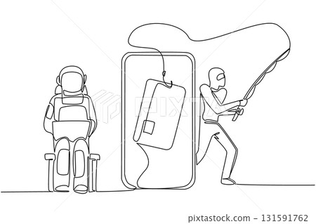 Continuous one line drawing astronaut sits on laptop and thief fishes large credit card. Systematic hacking. Big loss. National Senior Fraud Awareness Day. Single line draw design vector illustration 131591762
