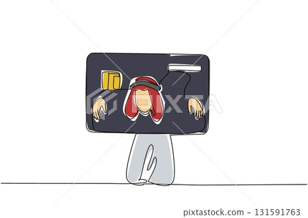 Continuous one line drawing an arab man trapped his head and both hands in a large credit card. More expenses than income. Hedonistic lifestyle. Money Bait. Single line draw design vector illustration 131591763