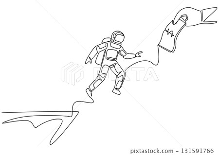 Single continuous line drawing astronaut jumps off cliff trying to reach a big hand holding a dollar bill. An attractive lure. National Senior Fraud Awareness Day. One line design vector illustration 131591766