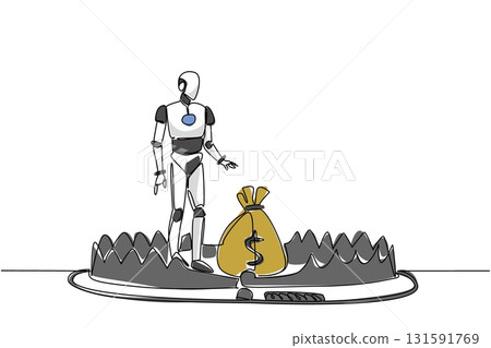 Continuous one line drawing robot is taking money bag on top of bear trap. Investment in advanced artificial intelligence. Trap trick. Risk. Money Bait. Single line draw design vector illustration 131591769