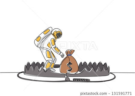 Single one line drawing astronaut is taking money bag on top of bear trap. Taking out a loan from a third party. Very detrimental in the future. Money Bait. Continuous line design graphic illustration Single one line drawing astronaut is taking money bag on top of bear trap. Taking out a loan from a third party. Very detrimental in the future. Money Bait. Continuous line design graphic illustration 131591771