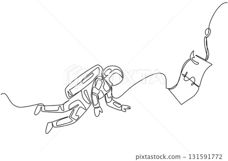 Single continuous line drawing astronaut dives and chases a hook attached to a dollar bill. Diving for false profits. Trap. National Senior Fraud Awareness Day. One line design vector illustration Single continuous line drawing astronaut dives and chases a hook attached to a dollar bill. Diving for false profits. Trap. National Senior Fraud Awareness Day. One line design vector illustration 131591772