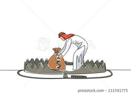 Continuous one line drawing arabian man is taking money bag on top of bear trap. Acting carelessly. Getting caught in the wrong investment. Money Bait. Single line draw design vector illustration Continuous one line drawing arabian man is taking money bag on top of bear trap. Acting carelessly. Getting caught in the wrong investment. Money Bait. Single line draw design vector illustration 131591775