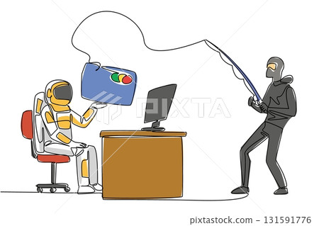 Single one line drawing astronaut types on laptop and thief fishes large credit card. Credit card data theft. Crime. National Senior Fraud Awareness Day. Continuous line design graphic illustration 131591776