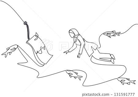 Single continuous line drawing arab woman swims and reaches for banknotes attached to a hook. Helplessness to seek help. Bound in a trap. Dangerous. Money Bait. One line design vector illustration Single continuous line drawing arab woman swims and reaches for banknotes attached to a hook. Helplessness to seek help. Bound in a trap. Dangerous. Money Bait. One line design vector illustration 131591777