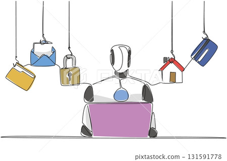 Single continuous line drawing robot typing on laptop and 5 important icons. Intelligence to secure multiple accounts. Secure. National Senior Fraud Awareness Day. One line design vector illustration Single continuous line drawing robot typing on laptop and 5 important icons. Intelligence to secure multiple accounts. Secure. National Senior Fraud Awareness Day. One line design vector illustration 131591778