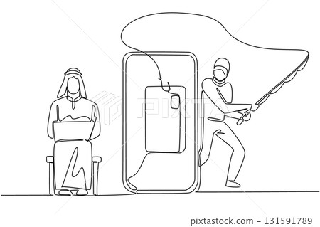 Single one line drawing arab man sits typing on laptop and thief hides fishing for credit cards. Lured by fake links. National Senior Fraud Awareness Day. Continuous line design graphic illustration Single one line drawing arab man sits typing on laptop and thief hides fishing for credit cards. Lured by fake links. National Senior Fraud Awareness Day. Continuous line design graphic illustration 131591789