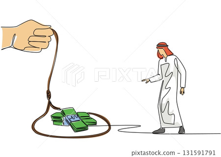 Single one line drawing arabian man walking towards a rope trap containing several stacks of banknotes. Wanting profit but instead getting loss. Money Bait. Continuous line design graphic illustration 131591791