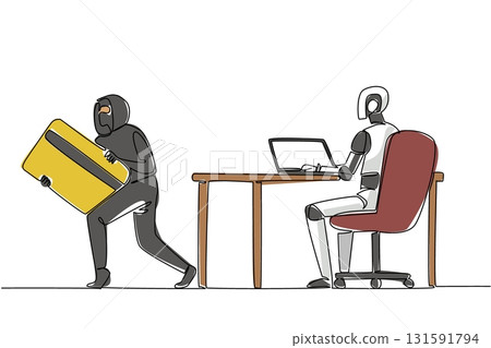 Single continuous line drawing robots type on laptops and masked thieves take credit cards. Intelligence system penetrated. National Senior Fraud Awareness Day. One line design vector illustration 131591794