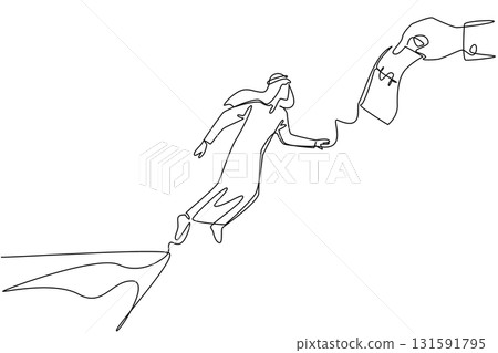 Single continuous line drawing an arab man jumps to reach the big hand holding the dollar bill. Investment trap. Illegal. National Senior Fraud Awareness Day. One line design vector illustration 131591795