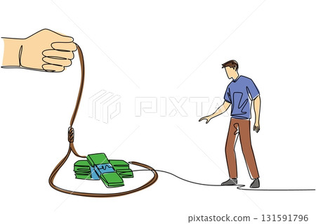 Single continuous line drawing man in casual clothes walking towards a rope trap containing several stacks of banknotes. Debt to meet the lifestyle. Money Bait. One line design vector illustration 131591796