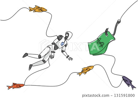 Single one line drawing robot swims and reaches for banknotes attached to a hook. Investing in an uncertain future for robots. Debt trap. Risk. Money Bait. Continuous line design graphic illustration Single one line drawing robot swims and reaches for banknotes attached to a hook. Investing in an uncertain future for robots. Debt trap. Risk. Money Bait. Continuous line design graphic illustration 131591800