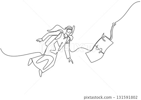 Continuous one line drawing arab man diving and chasing hook with dollar bills attached. Interested in an instant way. National Senior Fraud Awareness Day. Single line draw design vector illustration Continuous one line drawing arab man diving and chasing hook with dollar bills attached. Interested in an instant way. National Senior Fraud Awareness Day. Single line draw design vector illustration 131591802