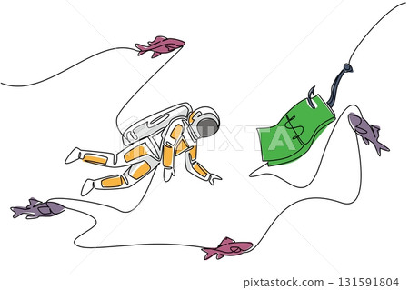 Continuous one line drawing astronaut swims and reaches for banknotes attached to a hook. Looking for investors for expedition. Fake investment. Money Bait. Single line draw design vector illustration Continuous one line drawing astronaut swims and reaches for banknotes attached to a hook. Looking for investors for expedition. Fake investment. Money Bait. Single line draw design vector illustration 131591804