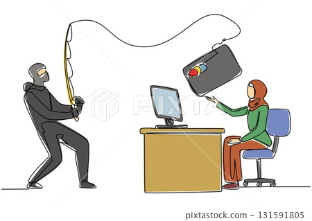 Single one line drawing an arab woman typing on a laptop and the thief fishing for a large credit card. Careless. Loss. National Senior Fraud Awareness Day. Continuous line design graphic illustration Single one line drawing an arab woman typing on a laptop and the thief fishing for a large credit card. Careless. Loss. National Senior Fraud Awareness Day. Continuous line design graphic illustration 131591805
